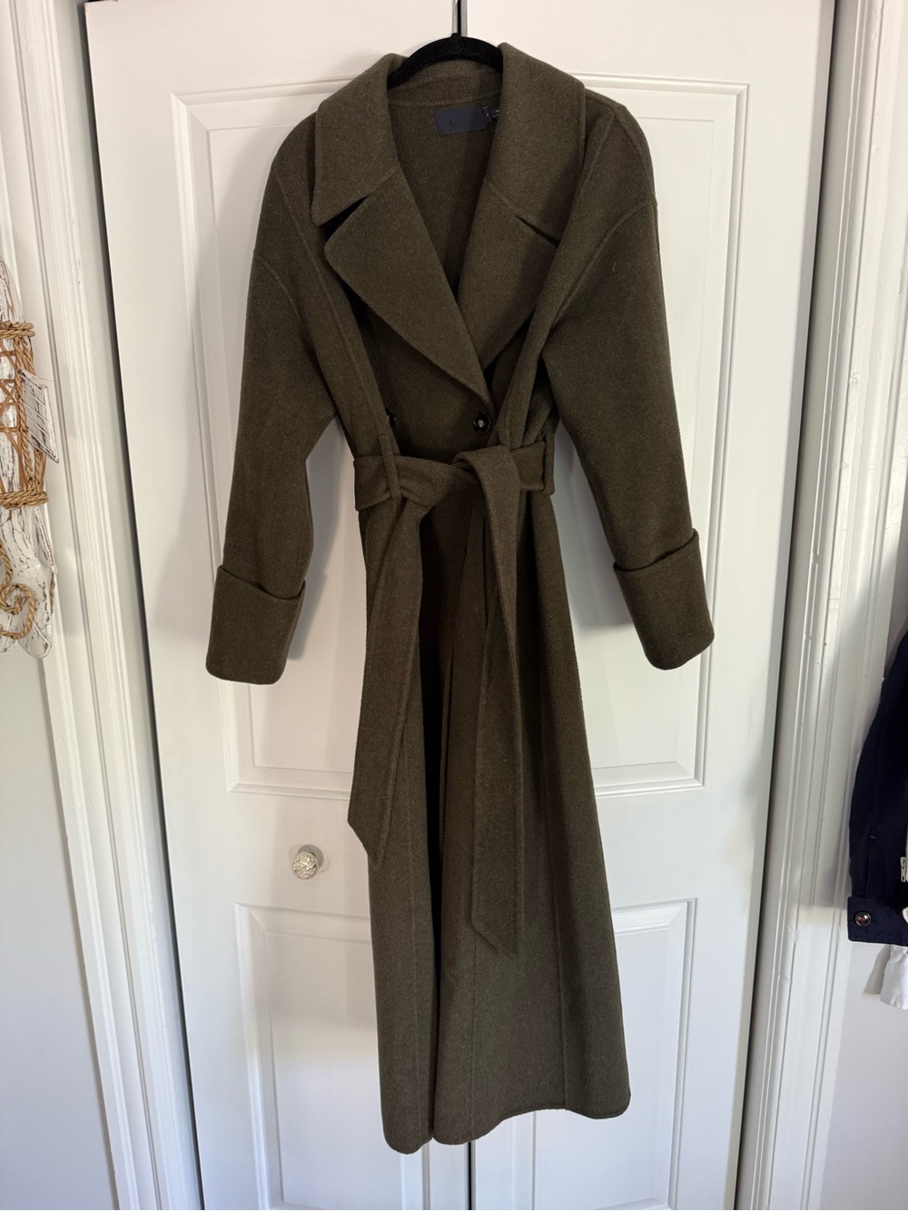 Long Belted Wool Blend Coat - Olive Green